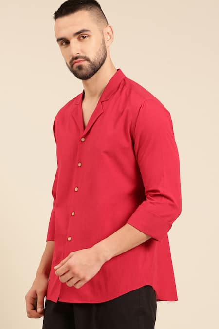 Shop_Mayank Modi - Men_Red Cotton Solid Shirt _Online_at_Aza_Fashions