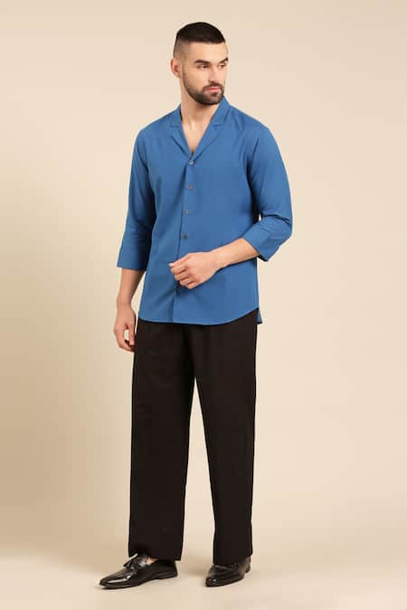 Mayank Modi - Men Blue Malai Cotton Solid Straight Shirt 