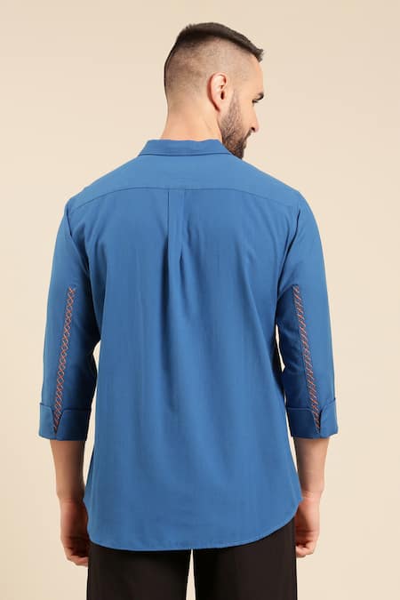 Shop Mayank Modi - Men Blue Cotton Straight Solid Shirt at Aza Fashions Shop_Mayank Modi - Men_Blue Cotton Straight Solid Shirt _at_Aza_Fashions