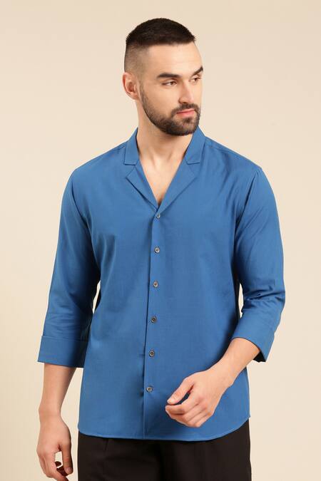 Mayank Modi - Men Blue Cotton Straight Solid Shirt Online at Aza Fashions Mayank Modi - Men_Blue Cotton Straight Solid Shirt _Online_at_Aza_Fashions
