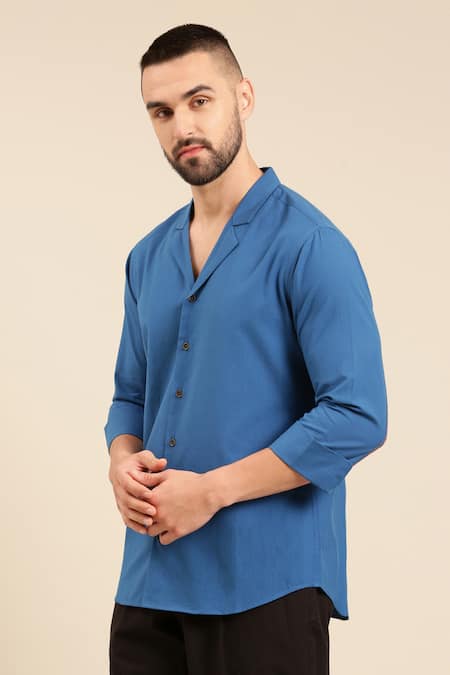 Shop Mayank Modi - Men Blue Cotton Straight Solid Shirt Online at Aza Fashions Shop_Mayank Modi - Men_Blue Cotton Straight Solid Shirt _Online_at_Aza_Fashions
