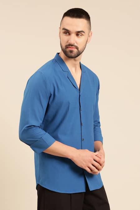Mayank Modi - Men Blue Cotton Straight Solid Shirt at Aza Fashions Mayank Modi - Men_Blue Cotton Straight Solid Shirt _at_Aza_Fashions