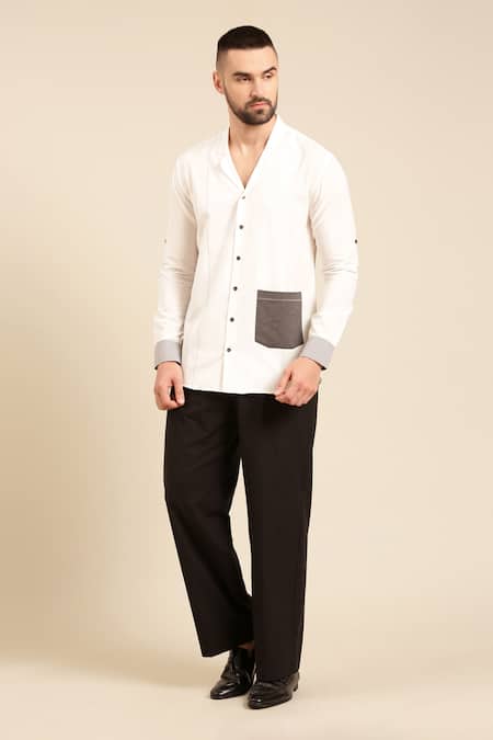 Mayank Modi - Men White Malai Cotton Plain Patch Pocket Shirt 