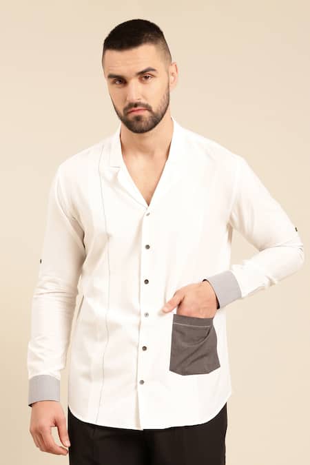 Mayank Modi - Men_White Cotton Patch Pocket Shirt _Online_at_Aza_Fashions
