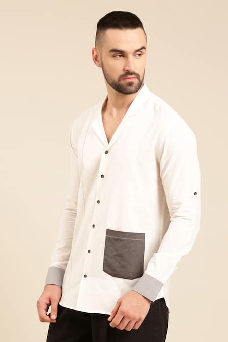 Shop_Mayank Modi - Men_White Cotton Patch Pocket Shirt _Online_at_Aza_Fashions
