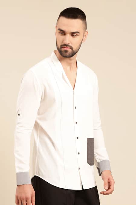 Mayank Modi - Men_White Cotton Patch Pocket Shirt _at_Aza_Fashions