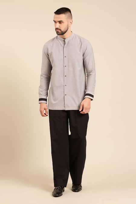 Mayank Modi - Men Grey Malai Cotton Solid Mandarin Collar Shirt 