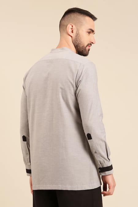 Shop Mayank Modi - Men Grey Cotton Mandarin Collar Shirt at Aza Fashions Shop_Mayank Modi - Men_Grey Cotton Mandarin Collar Shirt _at_Aza_Fashions