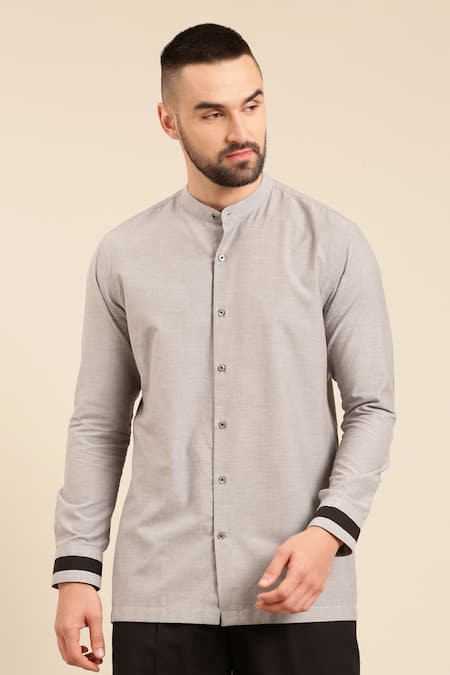Mayank Modi - Men Grey Cotton Mandarin Collar Shirt Online at Aza Fashions Mayank Modi - Men_Grey Cotton Mandarin Collar Shirt _Online_at_Aza_Fashions