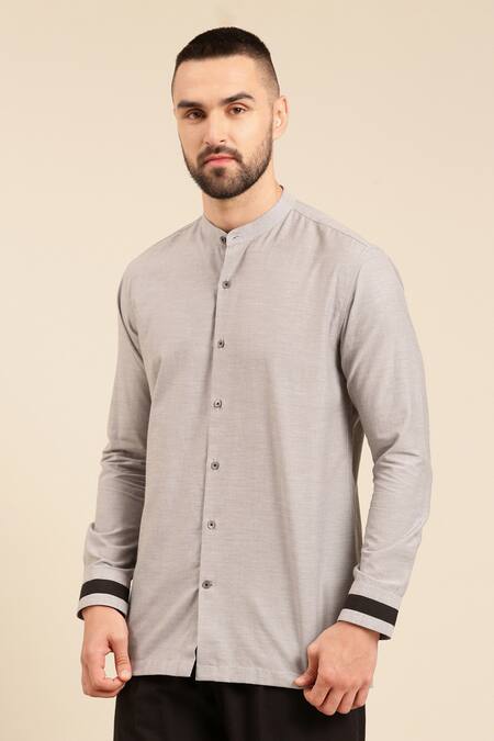 Shop Mayank Modi - Men Grey Cotton Mandarin Collar Shirt Online at Aza Fashions Shop_Mayank Modi - Men_Grey Cotton Mandarin Collar Shirt _Online_at_Aza_Fashions
