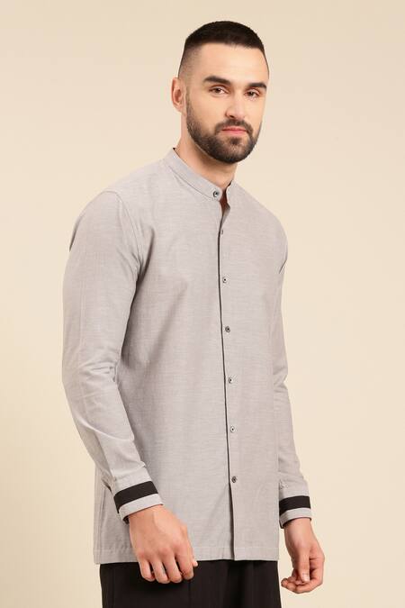 Mayank Modi - Men Grey Cotton Mandarin Collar Shirt at Aza Fashions Mayank Modi - Men_Grey Cotton Mandarin Collar Shirt _at_Aza_Fashions