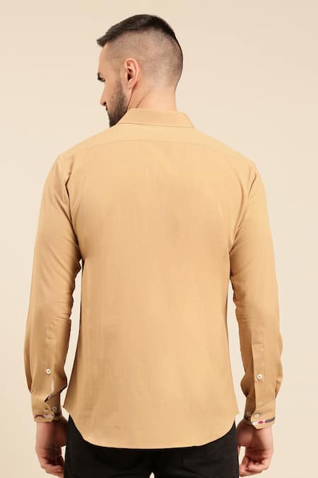 Shop_Mayank Modi - Men_Beige Cotton, Muslin Embroidery Geometric Print Placket Shirt _at_Aza_Fashions