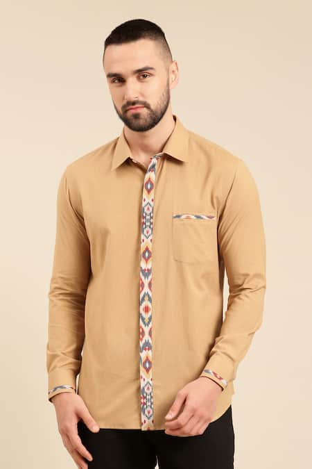Mayank Modi - Men_Beige Cotton, Muslin Embroidery Geometric Print Placket Shirt _Online_at_Aza_Fashions