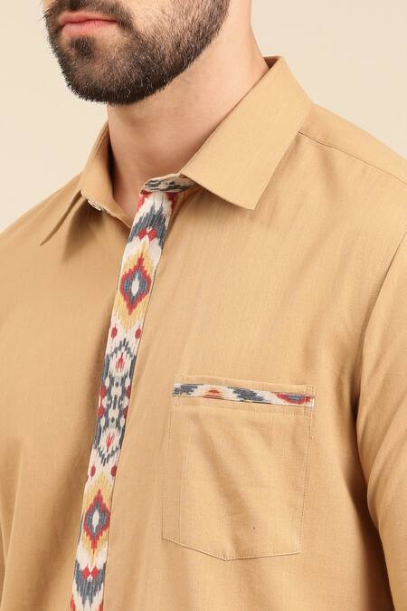 Buy_Mayank Modi - Men_Beige Cotton, Muslin Embroidery Geometric Print Placket Shirt _Online_at_Aza_Fashions
