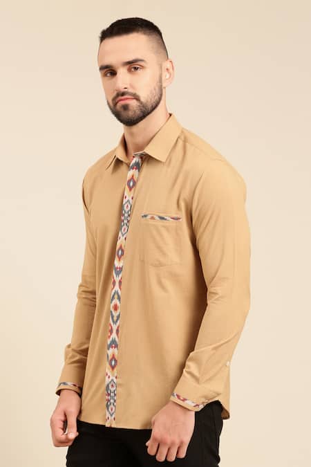 Shop_Mayank Modi - Men_Beige Cotton, Muslin Embroidery Geometric Print Placket Shirt _Online_at_Aza_Fashions