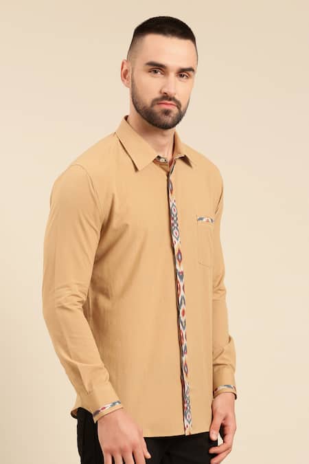 Mayank Modi - Men_Beige Cotton, Muslin Embroidery Geometric Print Placket Shirt _at_Aza_Fashions