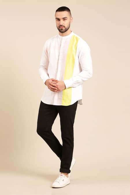 Mayank Modi - Men White 100% Linen Colour Block Shirt 