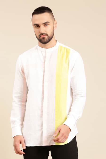 Mayank Modi - Men White Linen Colour Block Shirt For Kids Online at Aza Fashions Mayank Modi - Men_White Linen Colour Block Shirt For Kids_Online_at_Aza_Fashions