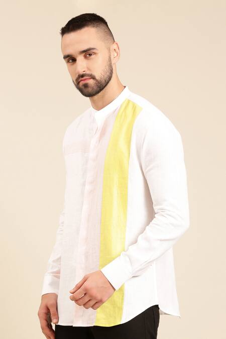 Shop Mayank Modi - Men White Linen Colour Block Shirt For Kids Online at Aza Fashions Shop_Mayank Modi - Men_White Linen Colour Block Shirt For Kids_Online_at_Aza_Fashions