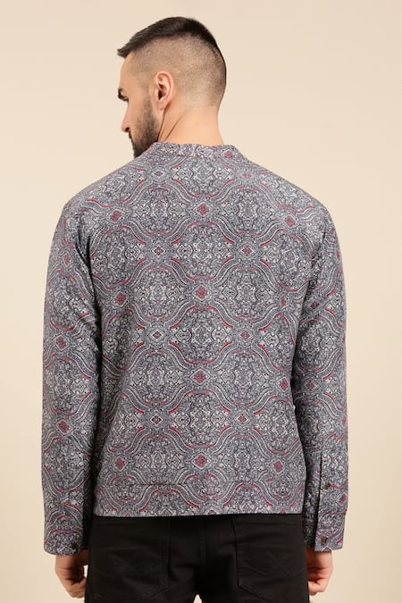 Shop Mayank Modi - Men Blue Linen Mandala Print Bomber Jacket at Aza Fashions Shop_Mayank Modi - Men_Blue Linen Mandala Print Bomber Jacket _at_Aza_Fashions