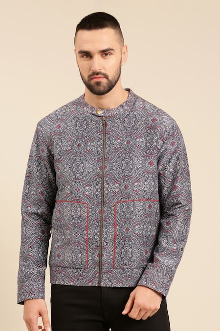 Mayank Modi - Men Blue Linen Mandala Print Bomber Jacket Online at Aza Fashions Mayank Modi - Men_Blue Linen Mandala Print Bomber Jacket _Online_at_Aza_Fashions