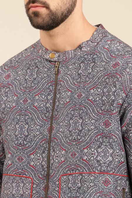 Buy Mayank Modi - Men Blue Linen Mandala Print Bomber Jacket Online at Aza Fashions Buy_Mayank Modi - Men_Blue Linen Mandala Print Bomber Jacket _Online_at_Aza_Fashions