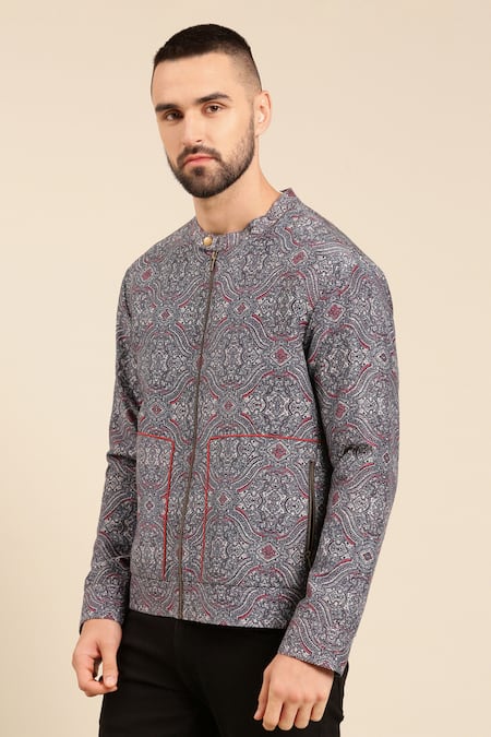 Shop Mayank Modi - Men Blue Linen Mandala Print Bomber Jacket Online at Aza Fashions Shop_Mayank Modi - Men_Blue Linen Mandala Print Bomber Jacket _Online_at_Aza_Fashions
