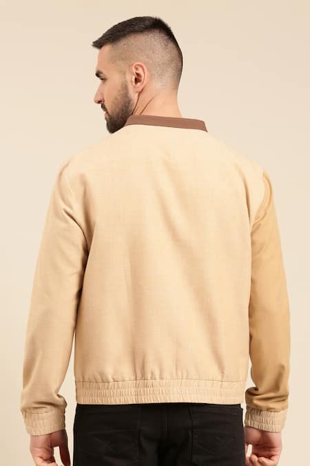 Shop_Mayank Modi - Men_Beige Cotton Colour Block Panel Bomber Jacket _at_Aza_Fashions
