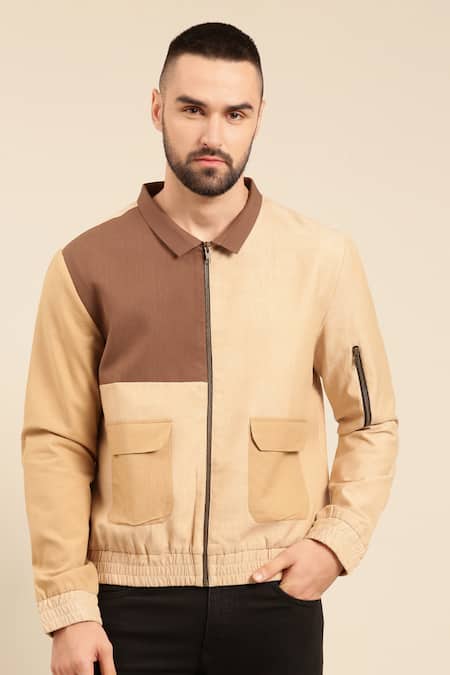 Mayank Modi - Men_Beige Cotton Colour Block Panel Bomber Jacket _Online_at_Aza_Fashions