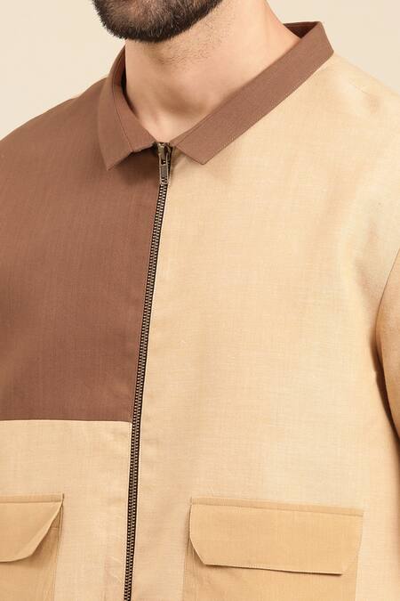 Buy_Mayank Modi - Men_Beige Cotton Colour Block Panel Bomber Jacket _Online_at_Aza_Fashions