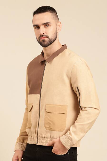 Shop_Mayank Modi - Men_Beige Cotton Colour Block Panel Bomber Jacket _Online_at_Aza_Fashions