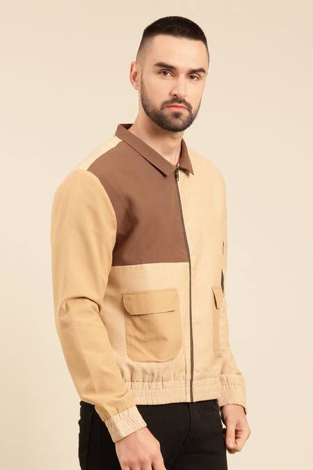 Mayank Modi - Men_Beige Cotton Colour Block Panel Bomber Jacket _at_Aza_Fashions