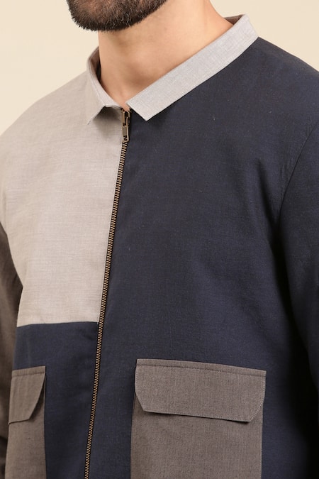 Mayank Modi - Men_Blue Cotton Tonal Colour Block Bomber Jacket _Online_at_Aza_Fashions