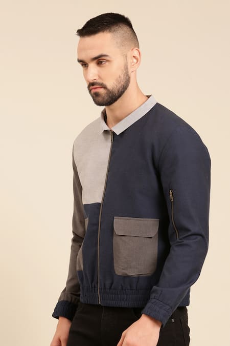 Buy_Mayank Modi - Men_Blue Cotton Tonal Colour Block Bomber Jacket _Online_at_Aza_Fashions