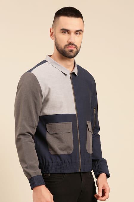 Shop_Mayank Modi - Men_Blue Cotton Tonal Colour Block Bomber Jacket _Online_at_Aza_Fashions