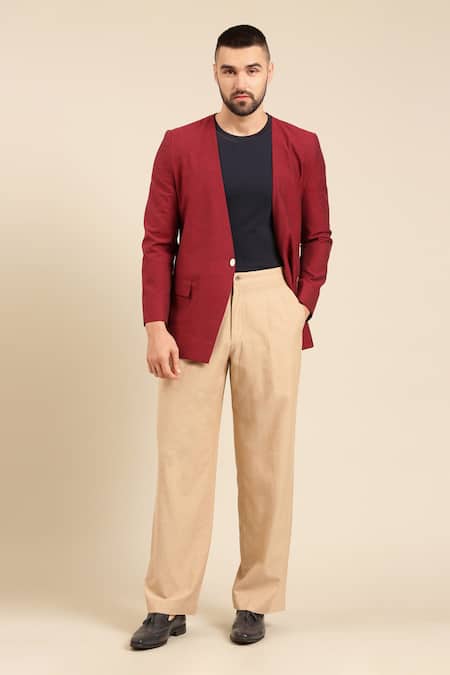 Mayank Modi - Men_Wine Cotton Embroidery Fitted Jacket With Contrast Pant For Kids_at_Aza_Fashions