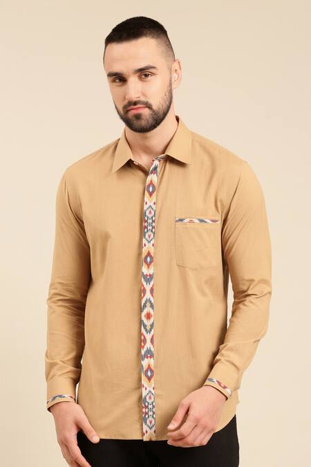 Mayank Modi - Men Beige Cotton Geometric Placement Print Shirt With Pant Online at Aza Fashions Mayank Modi - Men_Beige Cotton Geometric Placement Print Shirt With Pant _Online_at_Aza_Fashions
