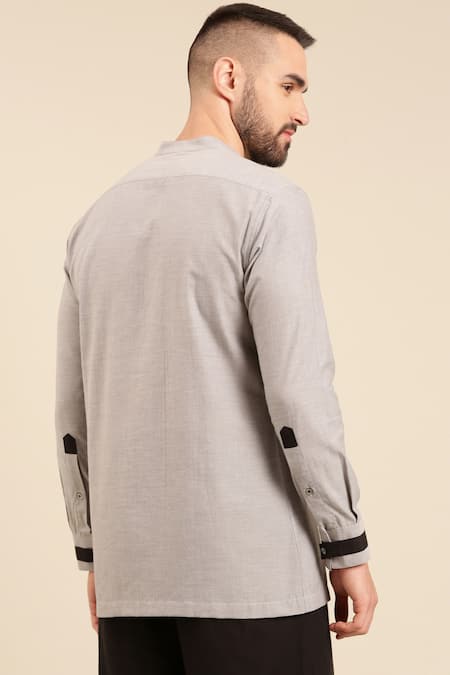 Shop Mayank Modi - Men Grey Cotton Mandarin Collar Shirt With Pant at Aza Fashions Shop_Mayank Modi - Men_Grey Cotton Mandarin Collar Shirt With Pant _at_Aza_Fashions