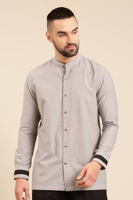 Mayank Modi - Men Grey Cotton Mandarin Collar Shirt With Pant Online at Aza Fashions Mayank Modi - Men_Grey Cotton Mandarin Collar Shirt With Pant _Online_at_Aza_Fashions