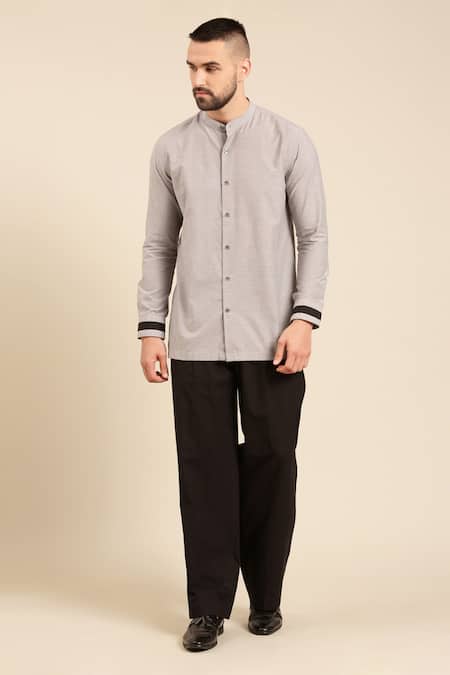 Shop Mayank Modi - Men Grey Cotton Mandarin Collar Shirt With Pant Online at Aza Fashions Shop_Mayank Modi - Men_Grey Cotton Mandarin Collar Shirt With Pant _Online_at_Aza_Fashions