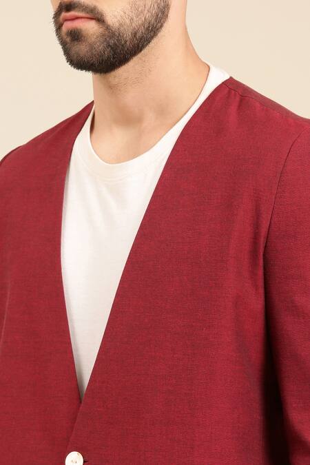 Buy_Mayank Modi - Men_Wine Cotton Embroidery Single Breasted Fitted Blazer _Online_at_Aza_Fashions