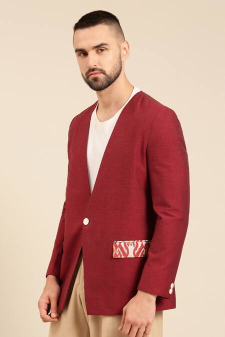 Shop_Mayank Modi - Men_Wine Cotton Embroidery Single Breasted Fitted Blazer _Online_at_Aza_Fashions