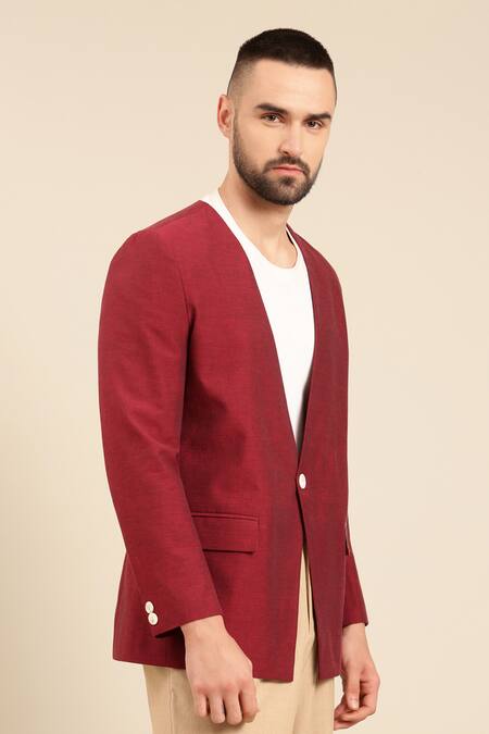 Mayank Modi - Men_Wine Cotton Embroidery Single Breasted Fitted Blazer _at_Aza_Fashions