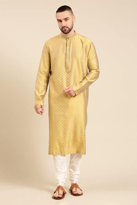 Mayank Modi - Men Yellow Cotton Woven Geometric Butti Kurta With Churidar 