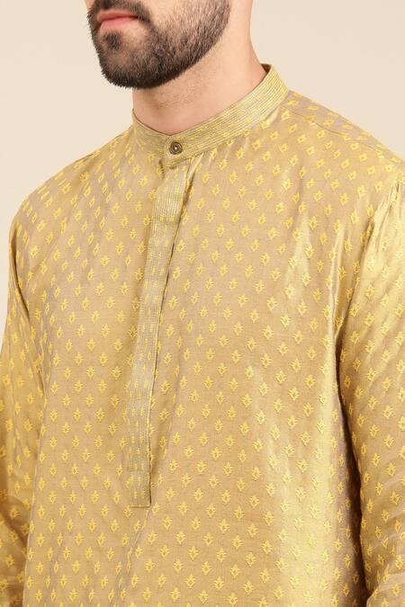 Mayank Modi - Men Yellow Silk, Cotton, Jacquard Woven Geometric Butti Kurta With Churidar Online at Aza Fashions Mayank Modi - Men_Yellow Silk, Cotton, Jacquard Woven Geometric Butti Kurta With Churidar _Online_at_Aza_Fashions
