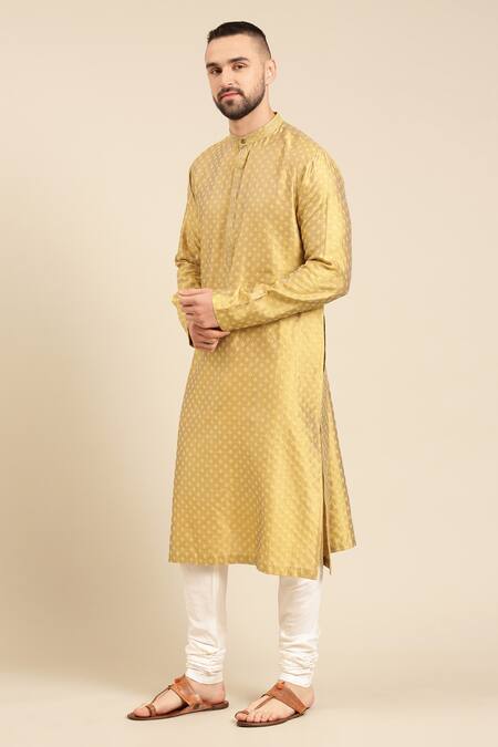 Buy Mayank Modi - Men Yellow Silk, Cotton, Jacquard Woven Geometric Butti Kurta With Churidar Online at Aza Fashions Buy_Mayank Modi - Men_Yellow Silk, Cotton, Jacquard Woven Geometric Butti Kurta With Churidar _Online_at_Aza_Fashions
