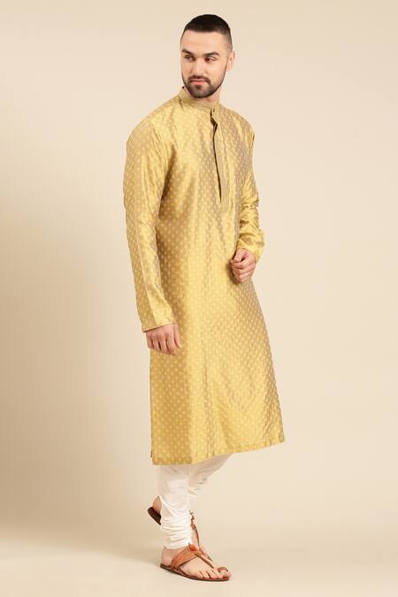 Shop Mayank Modi - Men Yellow Silk, Cotton, Jacquard Woven Geometric Butti Kurta With Churidar Online at Aza Fashions Shop_Mayank Modi - Men_Yellow Silk, Cotton, Jacquard Woven Geometric Butti Kurta With Churidar _Online_at_Aza_Fashions
