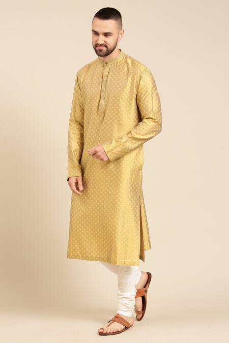 Mayank Modi - Men Yellow Silk, Cotton, Jacquard Woven Geometric Butti Kurta With Churidar at Aza Fashions Mayank Modi - Men_Yellow Silk, Cotton, Jacquard Woven Geometric Butti Kurta With Churidar _at_Aza_Fashions