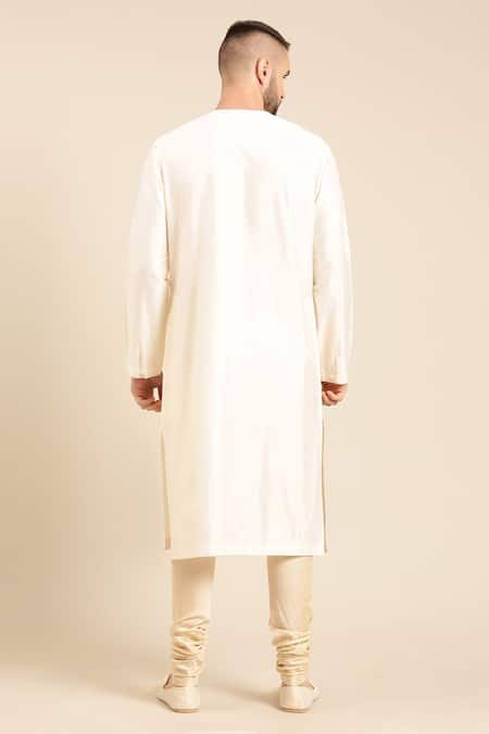 Shop Mayank Modi - Men Ivory Silk, Jacquard Chevron Pattern Panel Kurta With Churidar at Aza Fashions Shop_Mayank Modi - Men_Ivory Silk, Jacquard Chevron Pattern Panel Kurta With Churidar _at_Aza_Fashions