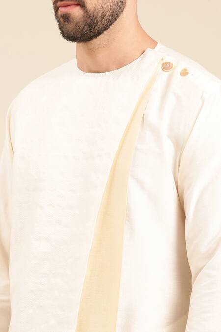 Mayank Modi - Men Ivory Silk, Jacquard Chevron Pattern Panel Kurta With Churidar Online at Aza Fashions Mayank Modi - Men_Ivory Silk, Jacquard Chevron Pattern Panel Kurta With Churidar _Online_at_Aza_Fashions